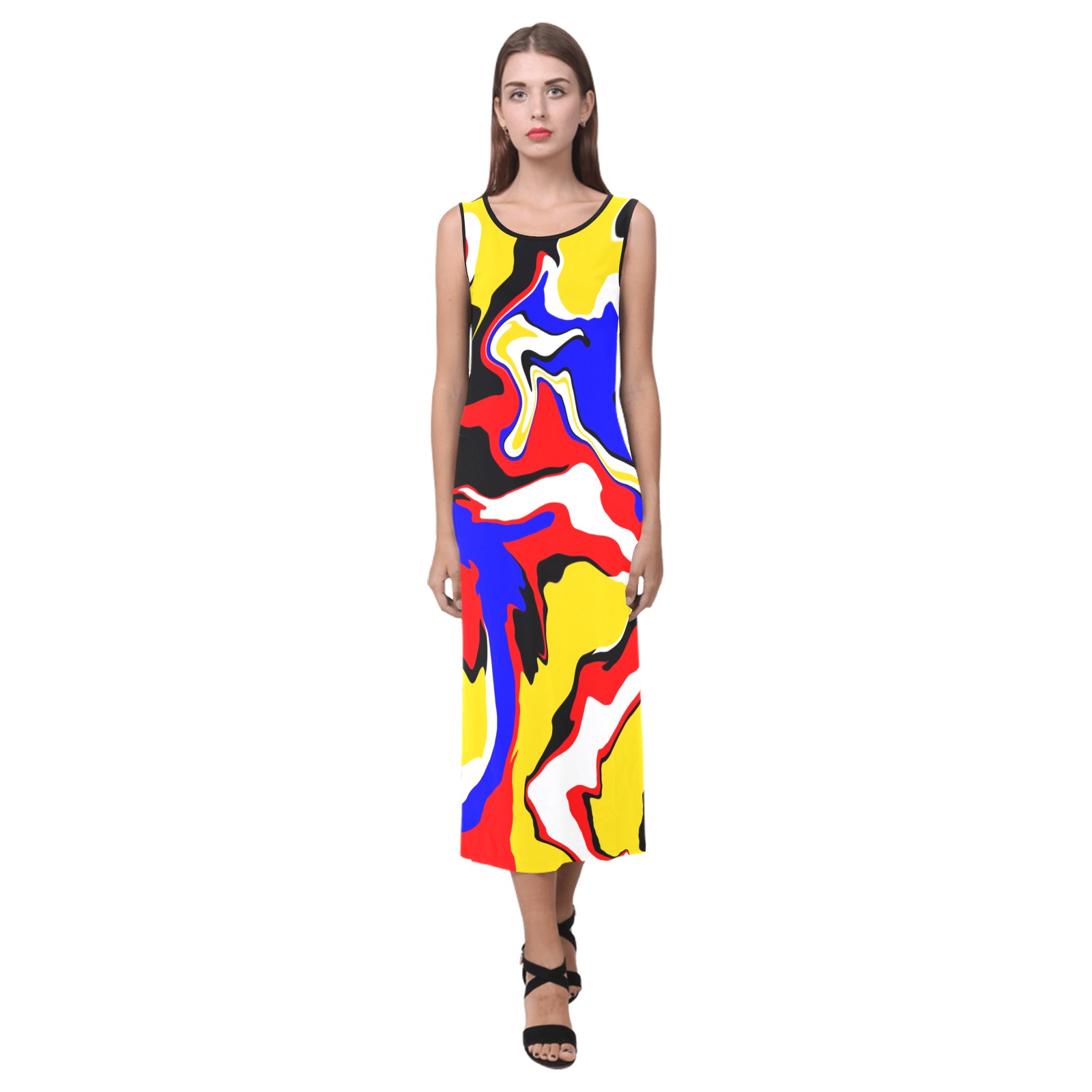 Yellow, Red, Blue and Green Swirls Phaedra Sleeveless Open Fork Long Dress (Model D08)