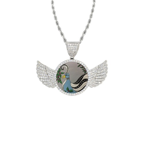 Tribal Bird Wings Silver Photo Pendant with Rope Chain