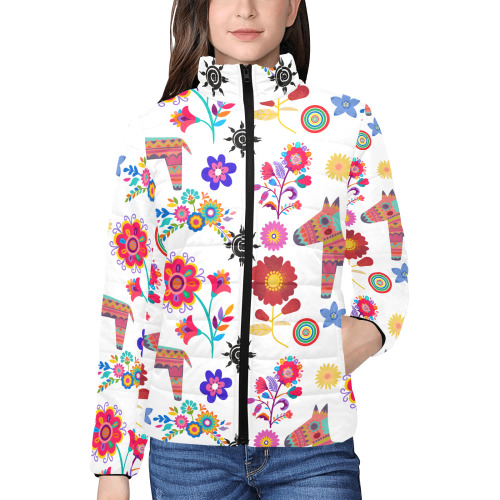 Alpaca Pinata and Flowers Women's Stand Collar Padded Jacket (Model H41)