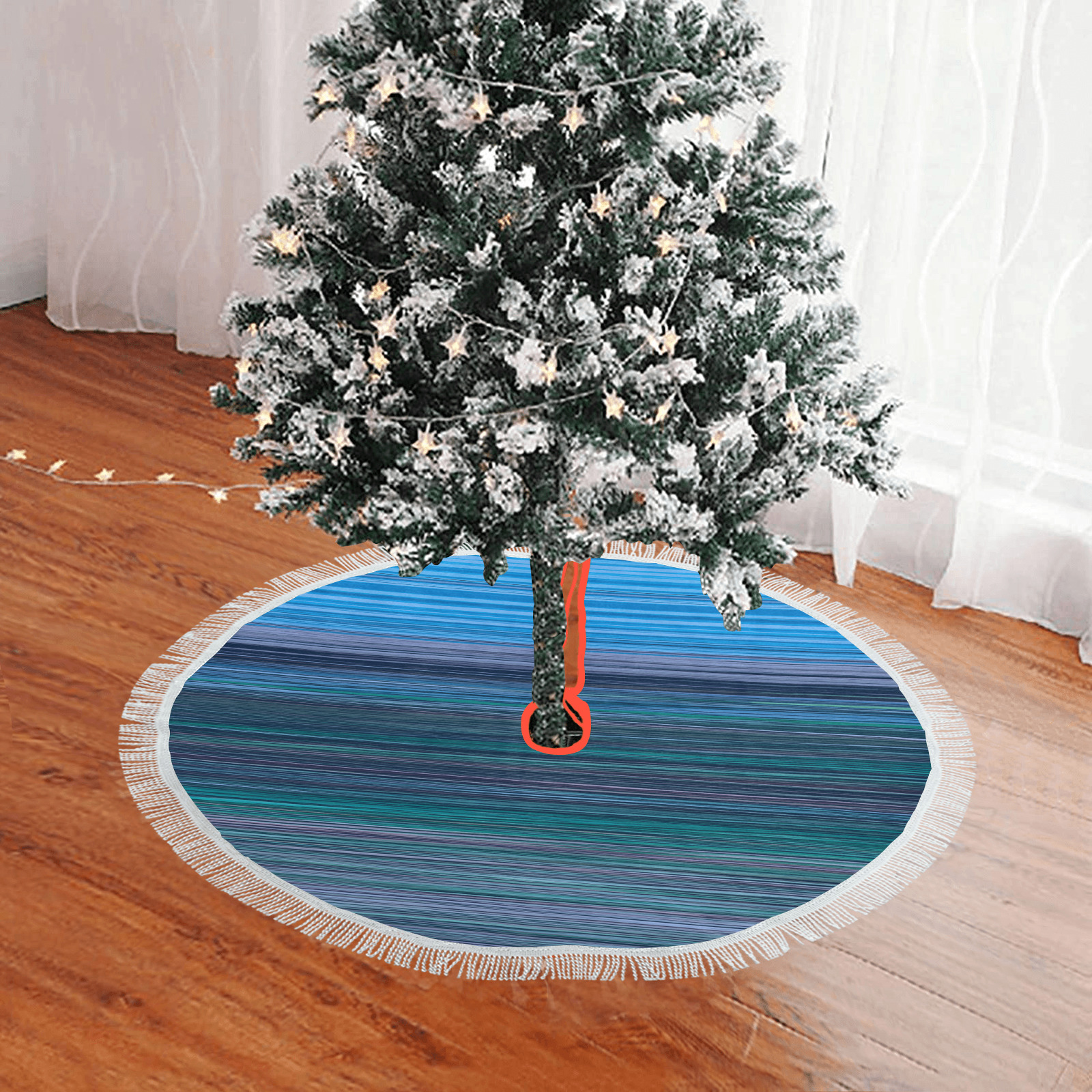 Abstract Blue Horizontal Stripes Thick Fringe Christmas Tree Skirt 30"x30"