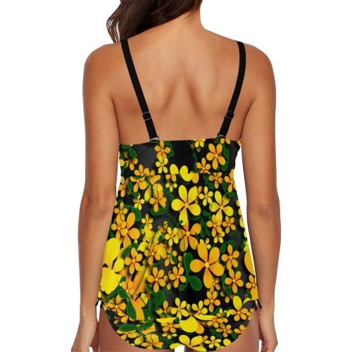 Pretty Orange & Yellow Flowers on Black Chest Drawstring Swim Dress (Model S30)