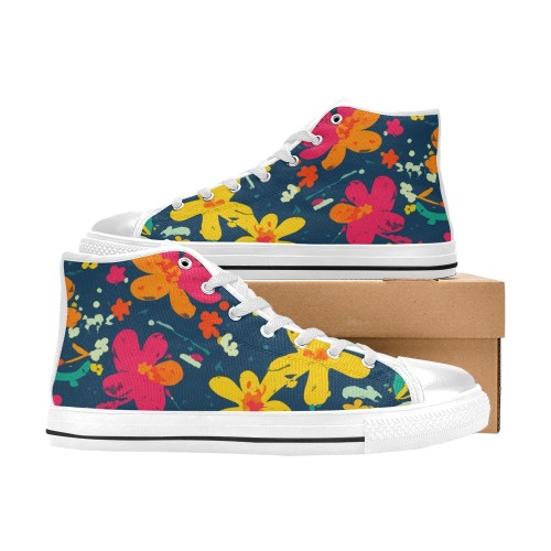 Charming colorful flowers on dark abstract art. Women's Classic High Top Canvas Shoes (Model 017)