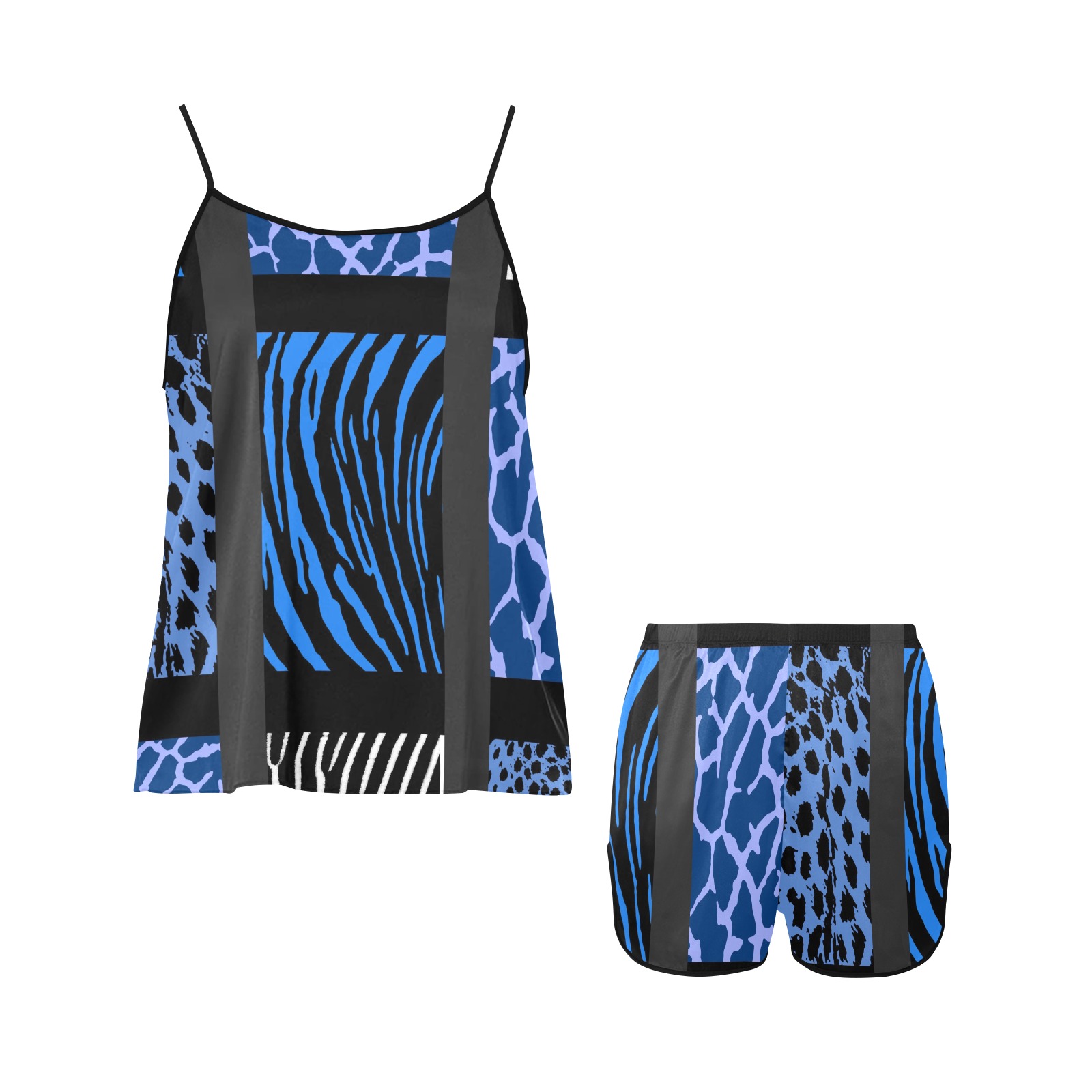 Blue Mixed Animal Print Women's Spaghetti Strap Short Pajama Set