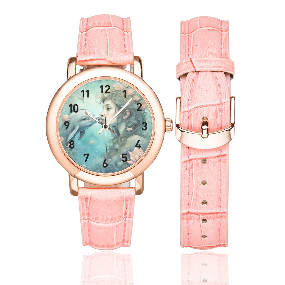 Dolphin Fantasy 3 Women's Rose Gold Leather Strap Watch(Model 201)
