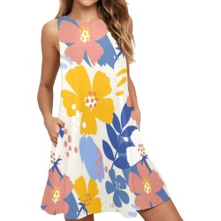Summer Flowers Sleeveless A-Line Pocket Dress (Model D57)