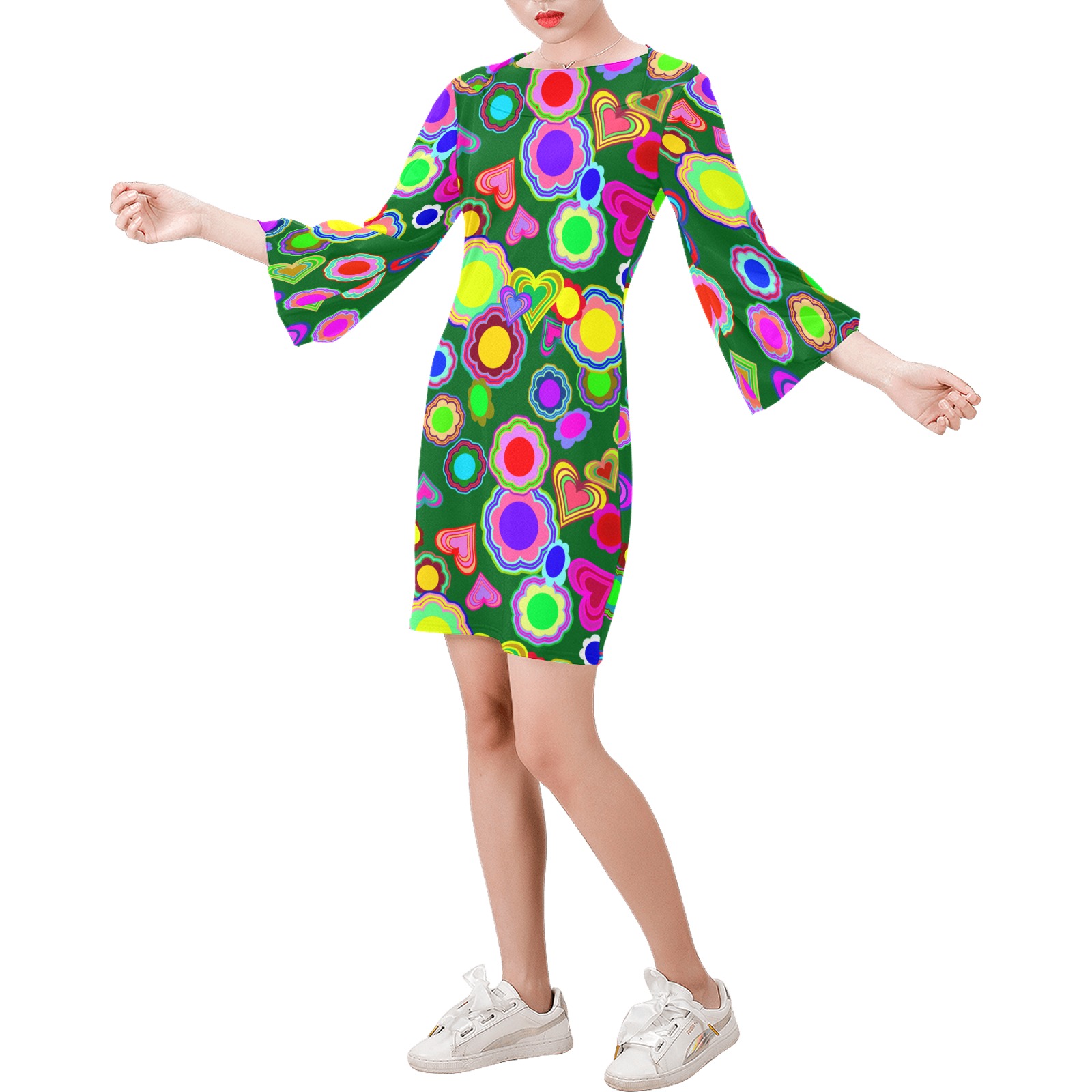 Groovy Hearts and Flowers Green Bell Sleeve Dress (Model D52)