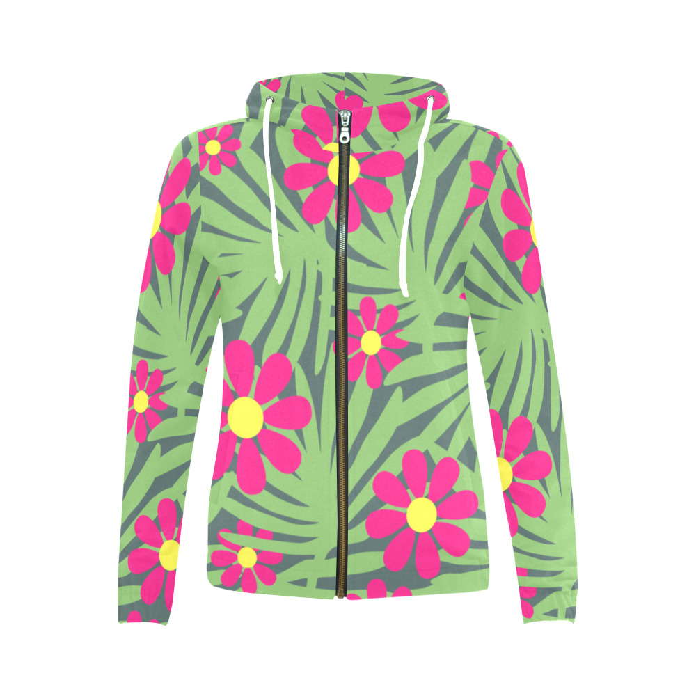 Pink Exotic Paradise Jungle Flowers and Leaves All Over Print Full Zip Hoodie for Women (Model H14)
