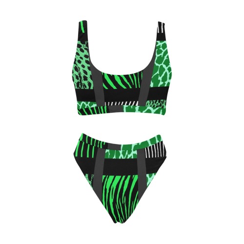 Green Mixed Animal Print Sport Top & High-Waisted Bikini Swimsuit (Model S07)