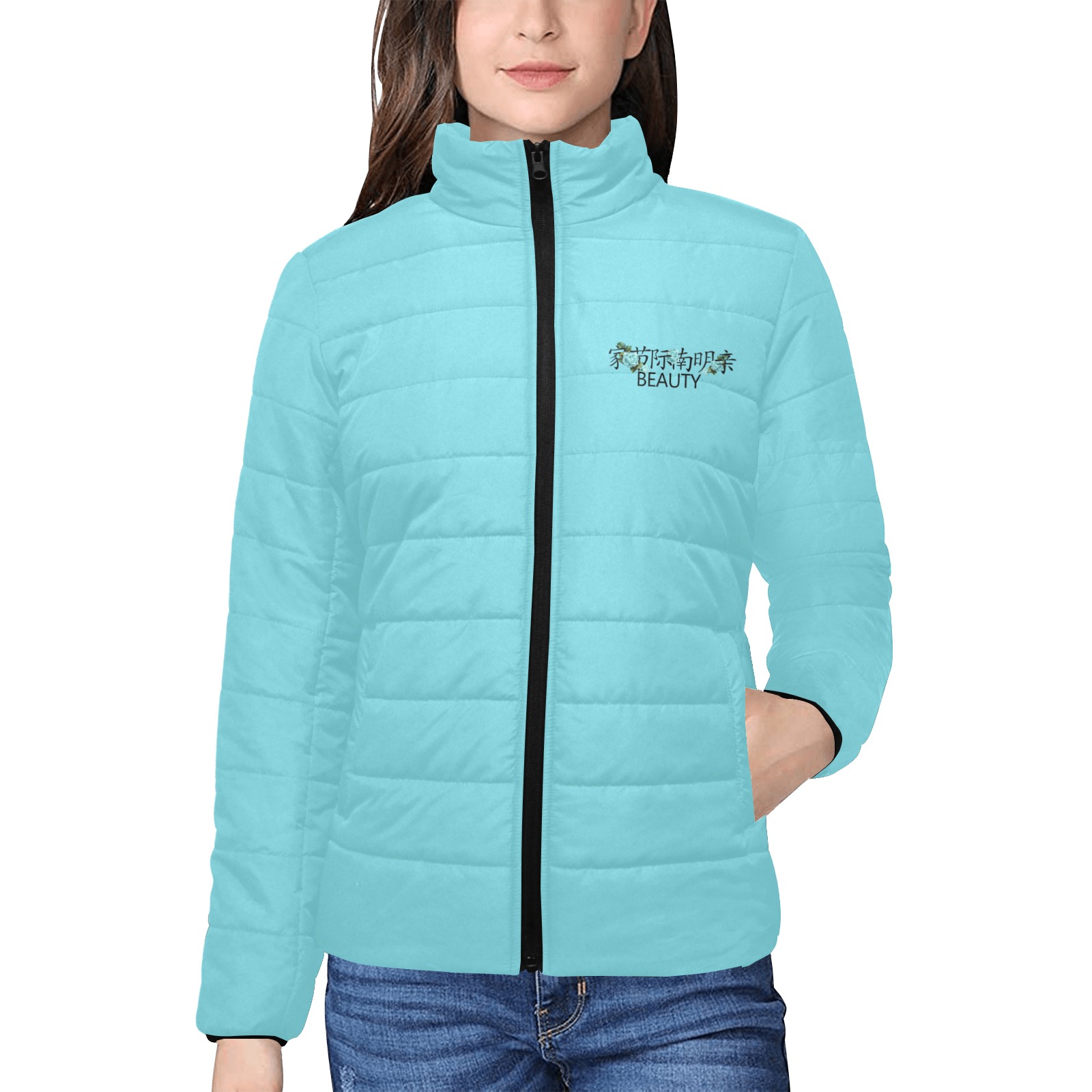 Light Blue Beauty Women's Stand Collar Padded Jacket (Model H41)