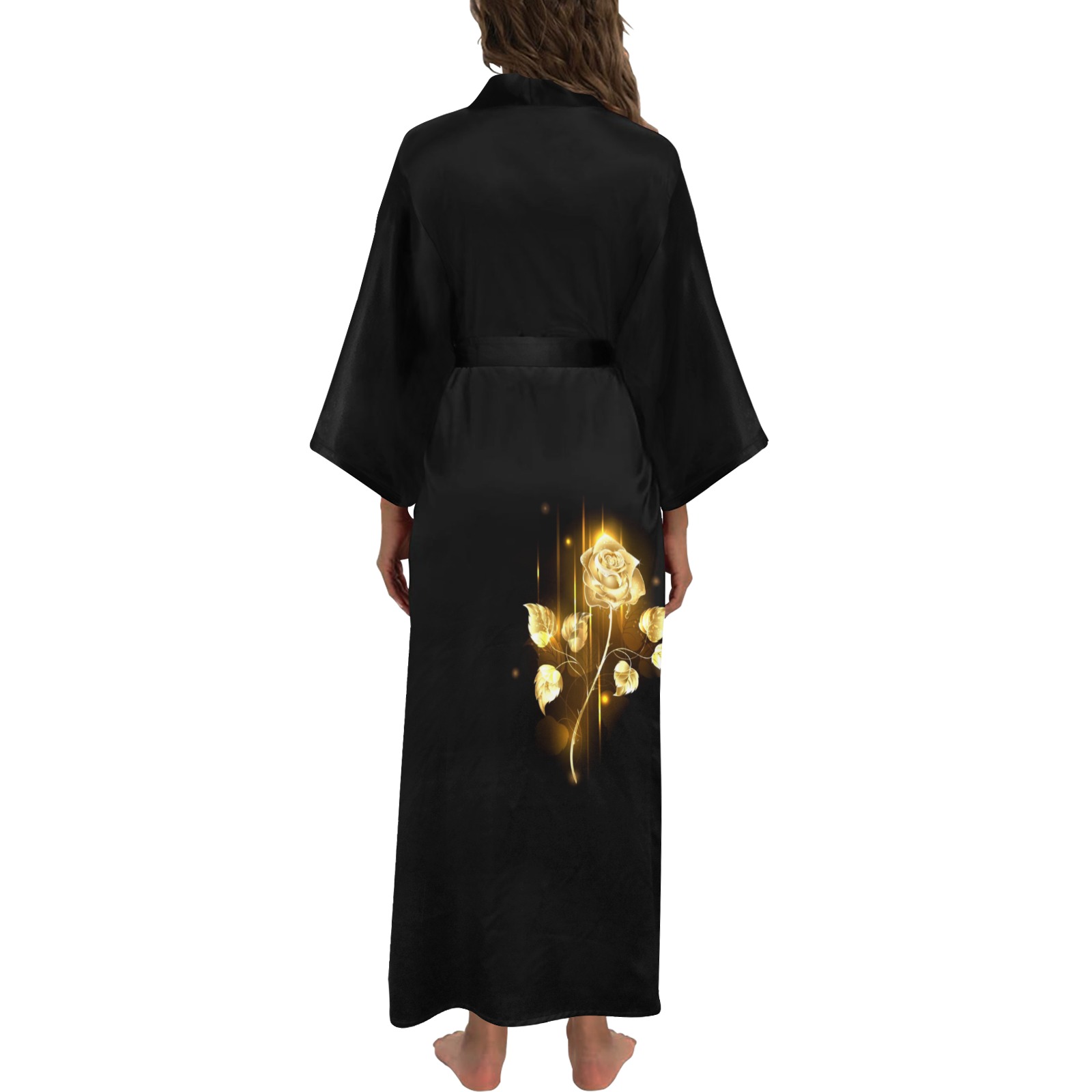 Golden Shiny Rose Pattern Long Kimono Robe