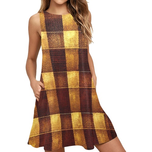 check pattern, gold and brown Sleeveless A-Line Pocket Dress (Model D57)