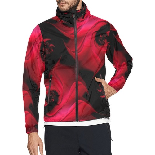 Black and Red Fiery Whirlpools Fractal Abstract Unisex All Over Print Windbreaker (Model H23)