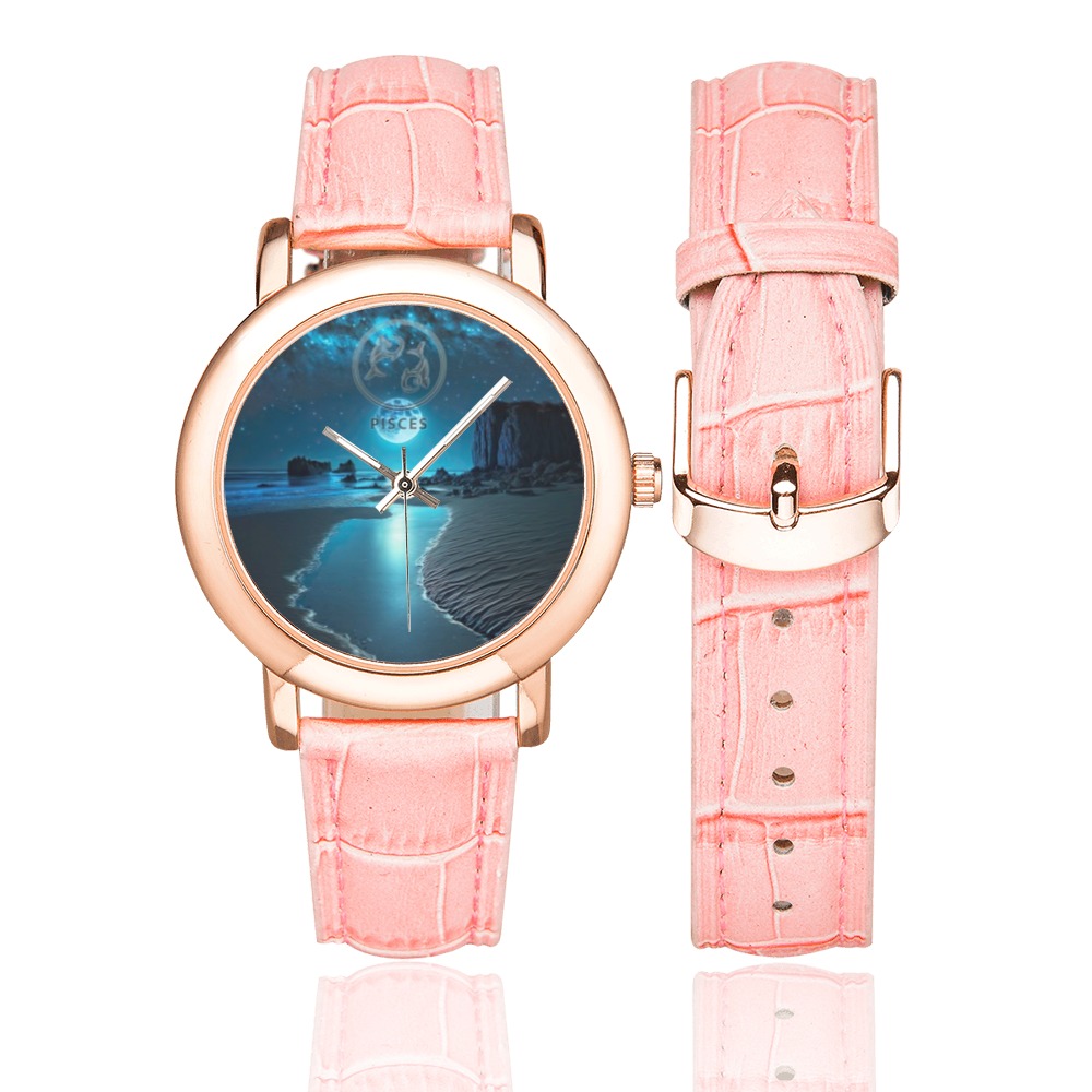 Moon with Pisces Women's Rose Gold Leather Strap Watch(Model 201)