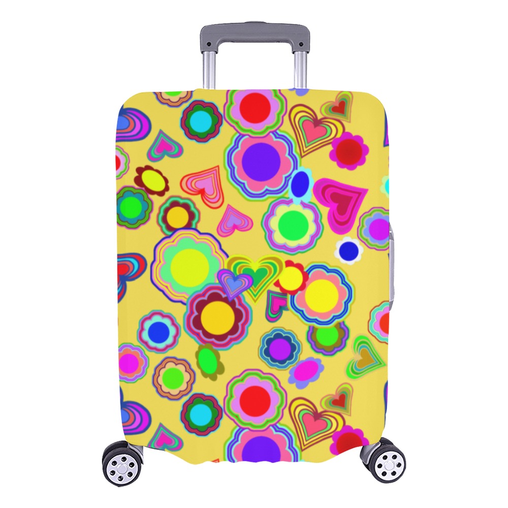 Groovy Hearts and Flowers Yellow Luggage Cover/Large 26"-28"