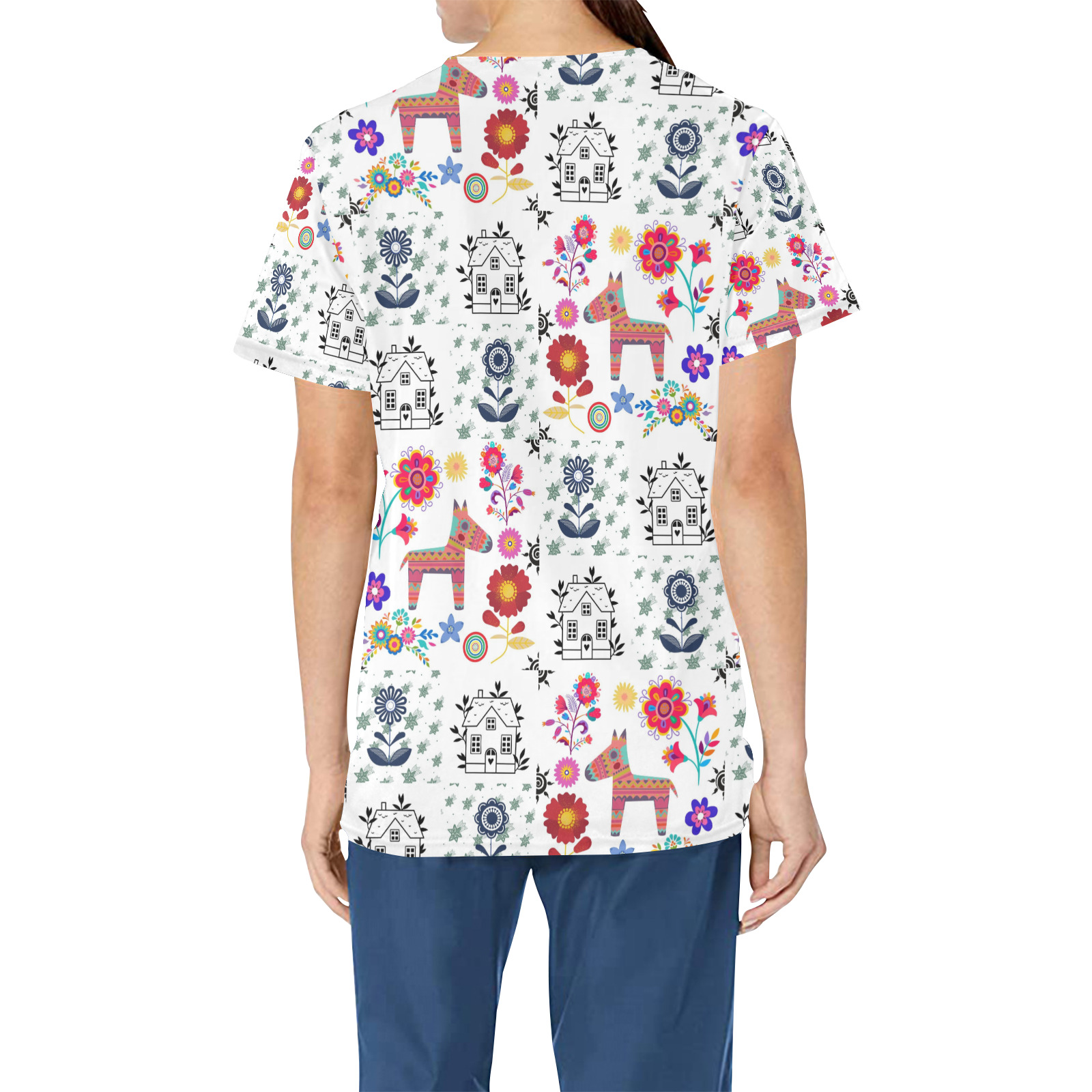 Alpaca Pinata With Blue House and Flowers Pattern All Over Print Scrub Top
