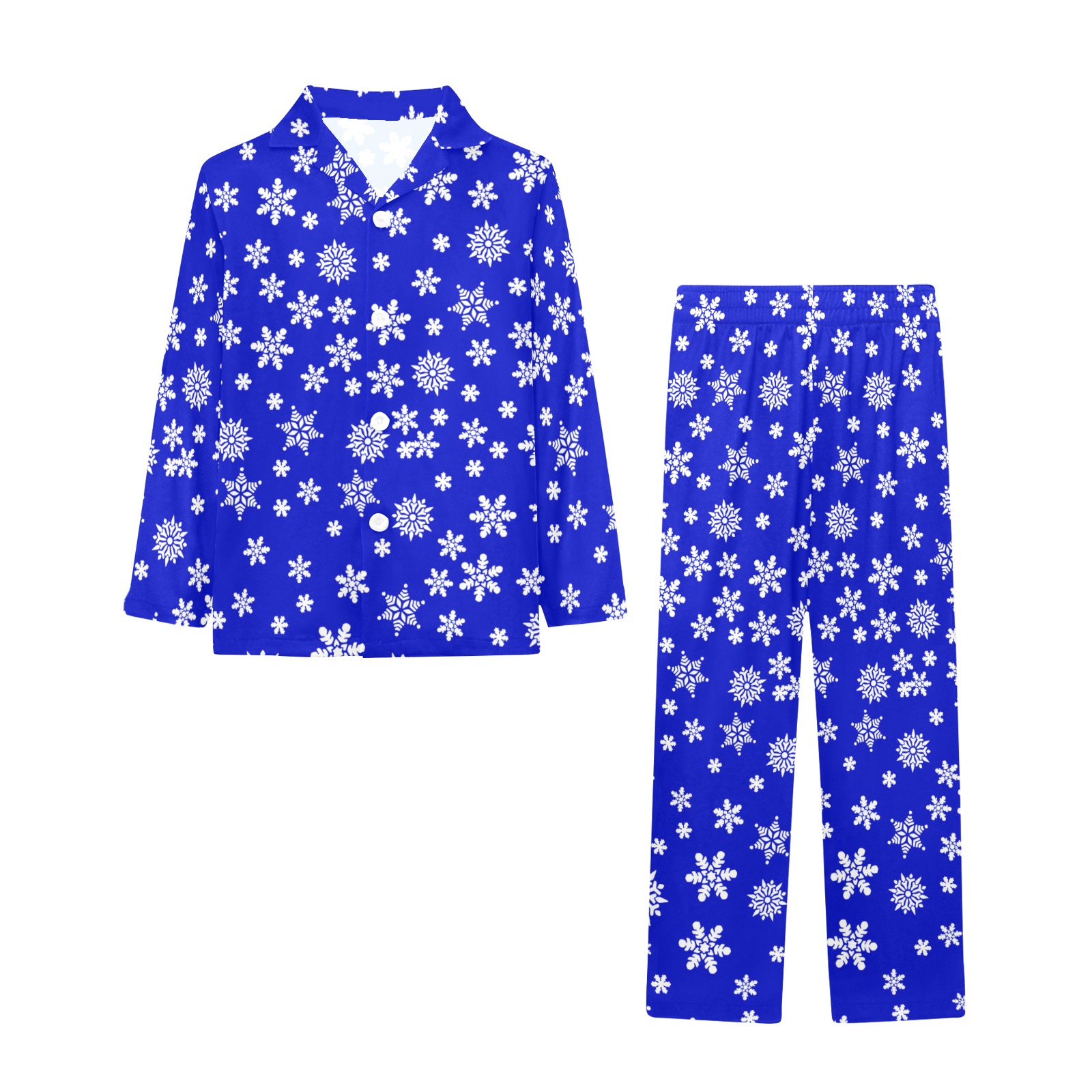 Christmas White Snowflakes on Blue Big Boys' V-Neck Long Pajama Set