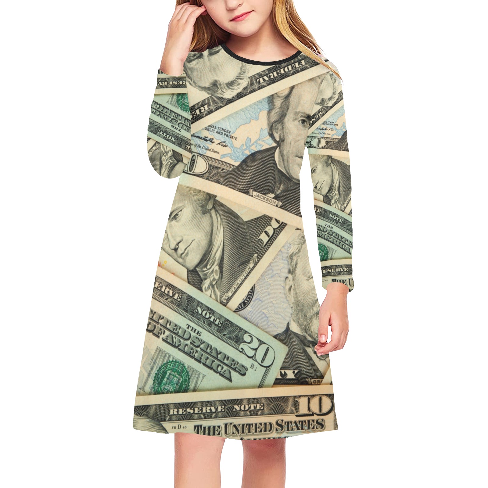 US PAPER CURRENCY Girls' Long Sleeve Dress (Model D59)
