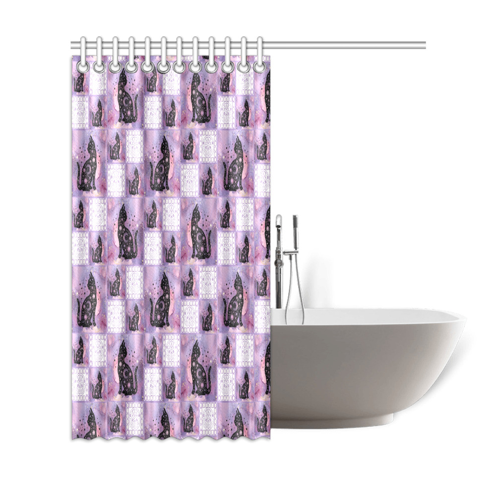 Purple Cosmic Cats Patchwork Pattern Shower Curtain 69"x72"