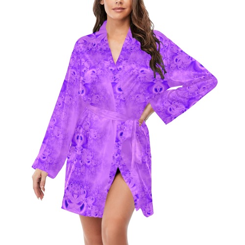 Purple Lilacs Frost Fractal Women's Long Sleeve Belted Night Robe