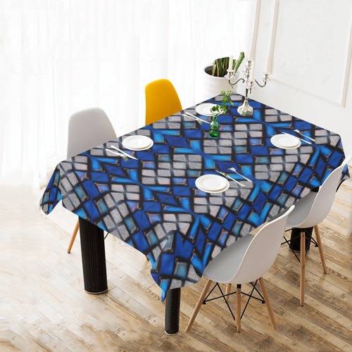 blue and silver repeating pattern Cotton Linen Tablecloth 60"x 84"