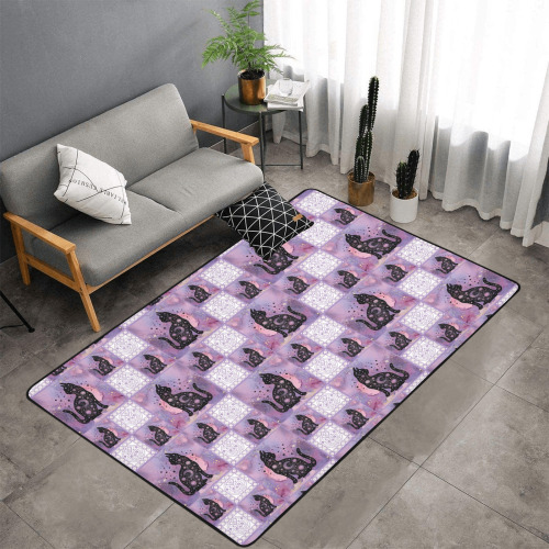 Purple Cosmic Cats Patchwork Pattern Area Rug with Black Binding 7'x5'