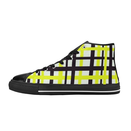 Interlocking Stripes Black White Yellow High Top Canvas Shoes for Kid (Model 017)