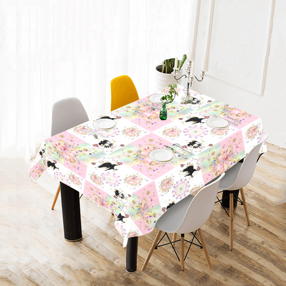 Secret Garden With Harlequin and Crow Patch Artwork Cotton Linen Tablecloth 52"x 70"