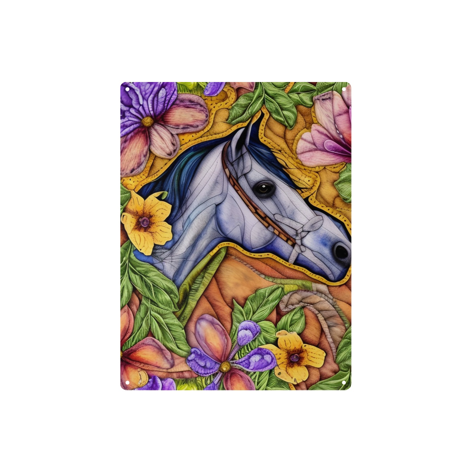 Boho Simulated Quilt Horse Artwork Metal Sign 12"x16"