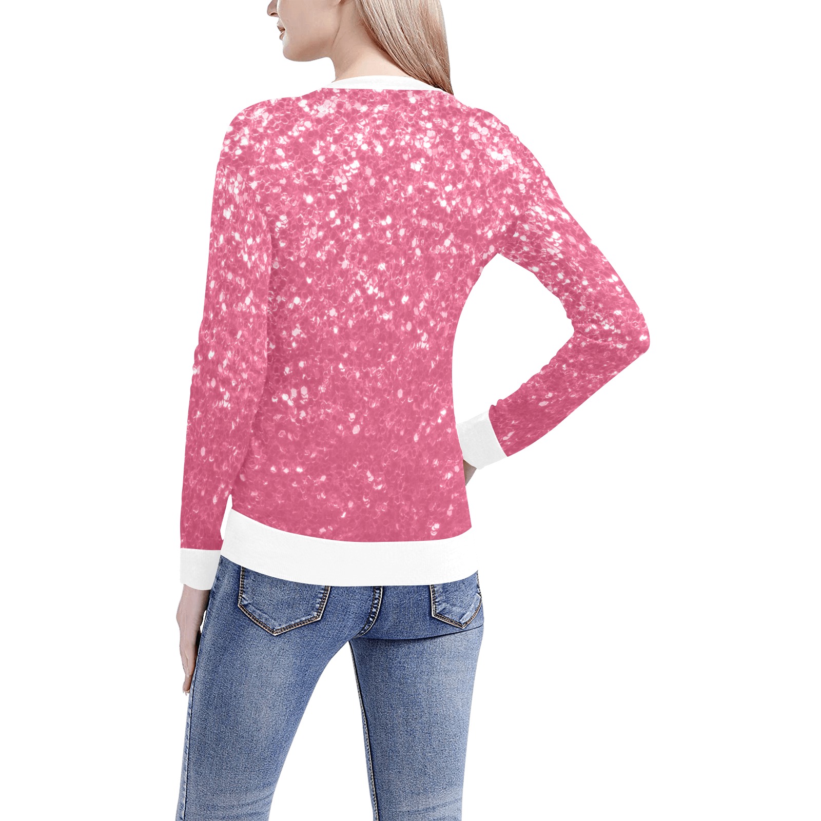 Magenta light pink red faux sparkles glitter Women's All Over Print V-Neck Sweater (Model H48)