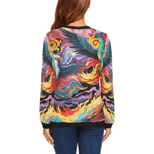 Fantastic phoenix birds and fire colorful art. All Over Print Crewneck Sweatshirt for Women (Model H18)