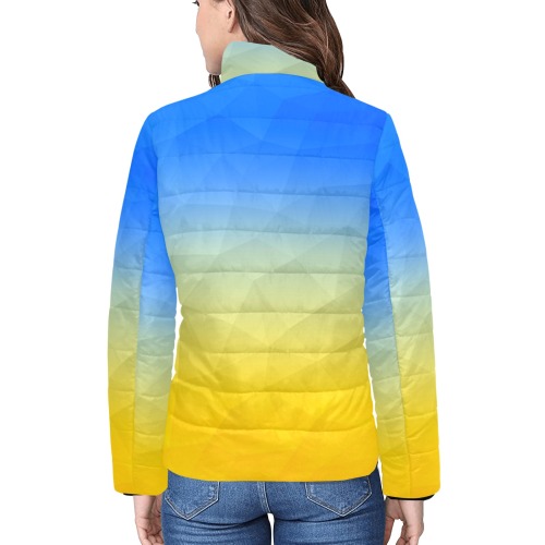 Ukraine yellow blue geometric mesh pattern Women's Stand Collar Padded Jacket (Model H41)