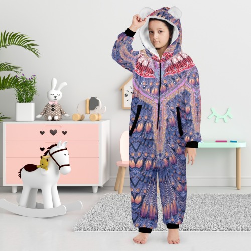 spain blue One-Piece Zip Up Hooded Pajamas for Big Kids