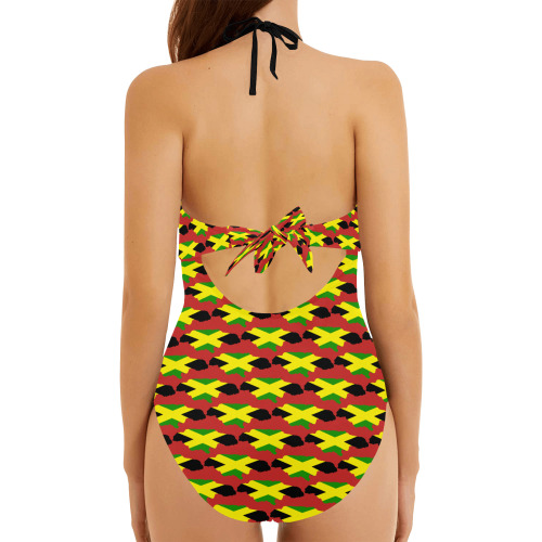 Jamaican Flag Maps Red Backless Hollow Out Bow Tie Swimsuit (Model S17)