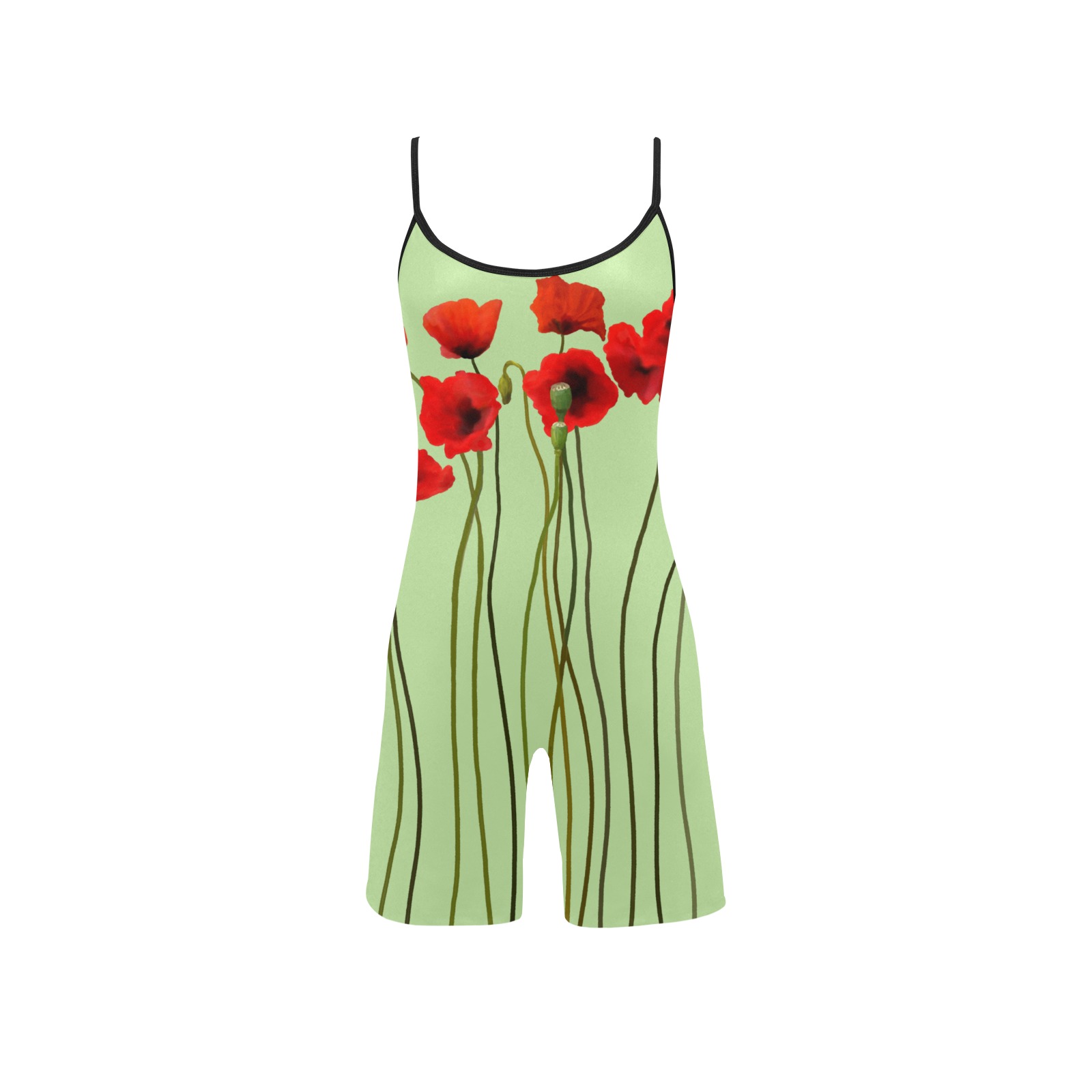 Poppies Floral Design Papaver somniferum on green Women's Short Yoga Bodysuit