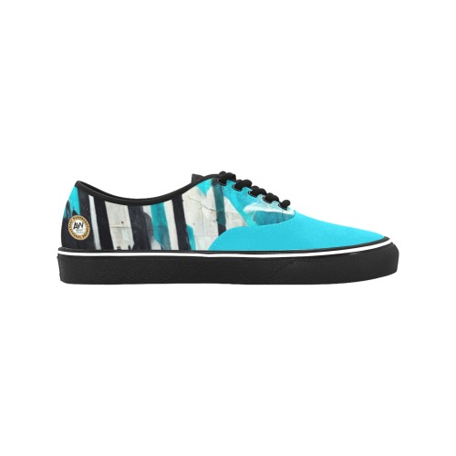 graffiti building's turquoise and black Classic Men's Canvas Low Top Shoes (Model E001-4)