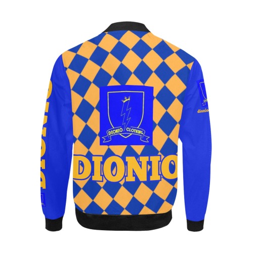 DIONIO Clothing - Half-Checkered Blue & Gold Bomber Jacket (Gold Big DIONIO LOGO) All Over Print Bomber Jacket for Men (Model H31)