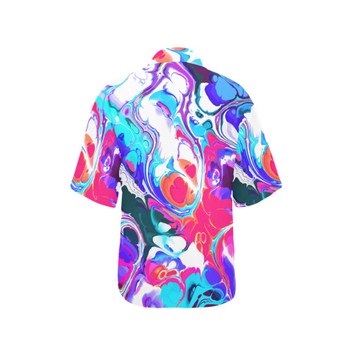 Blue White Pink Liquid Flowing Marbled Ink Abstract All Over Print Hawaiian Shirt for Women (Model T58)