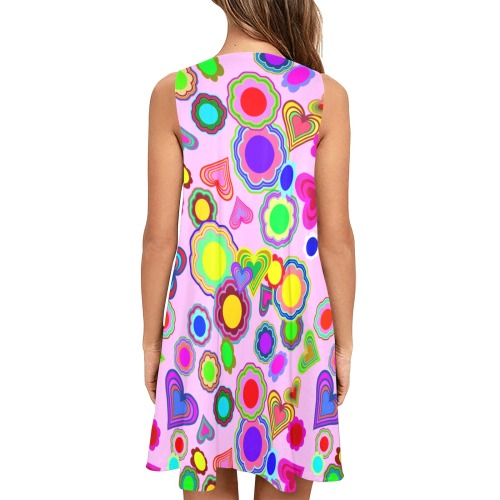 Groovy Hearts and Flowers Pink Sleeveless A-Line Pocket Dress (Model D57)