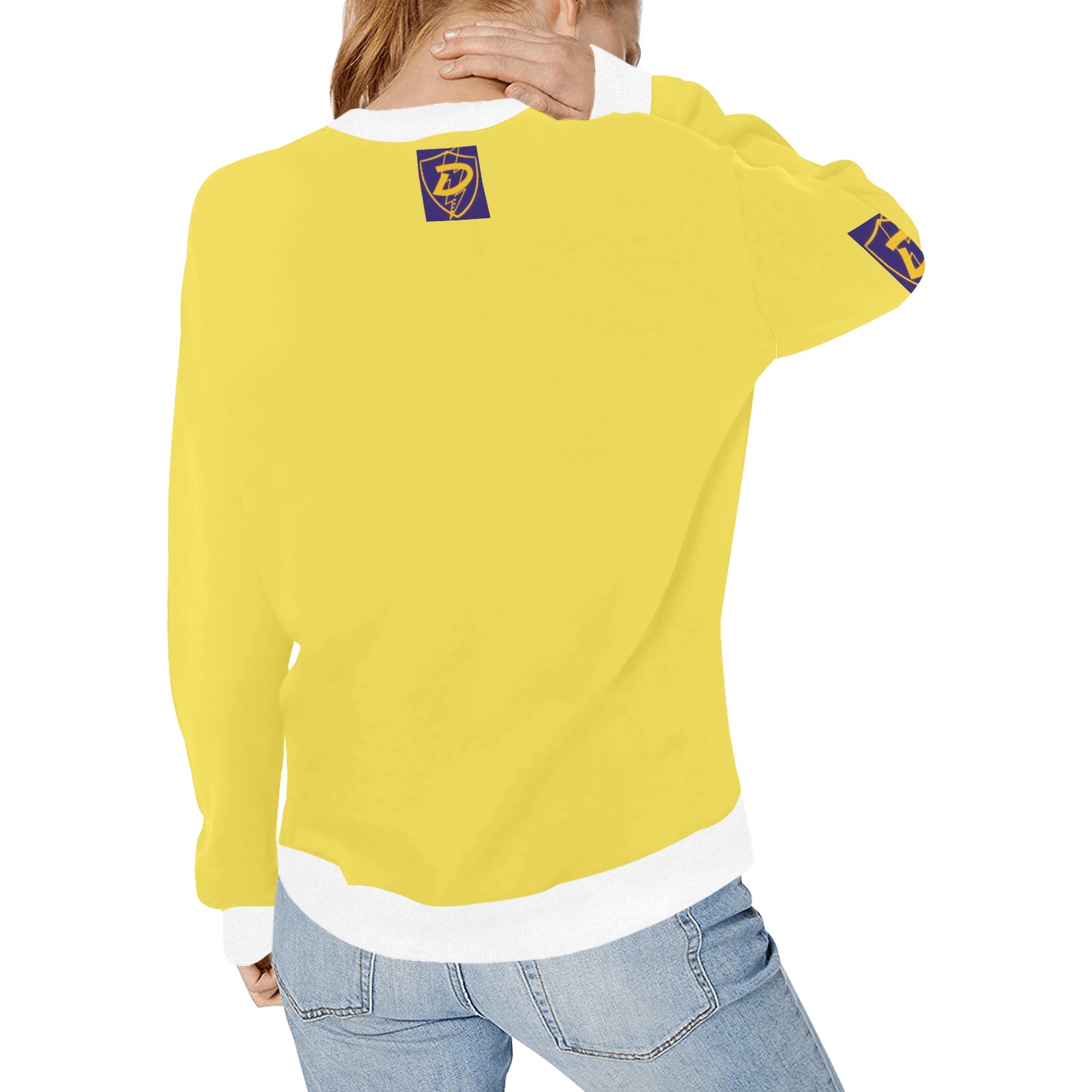 Dionio Clothing - Women's Crew Neck Sweatshirt (Yellow & Purple W/Big Logo & Name) Women's Rib Cuff Crew Neck Sweatshirt (Model H34)
