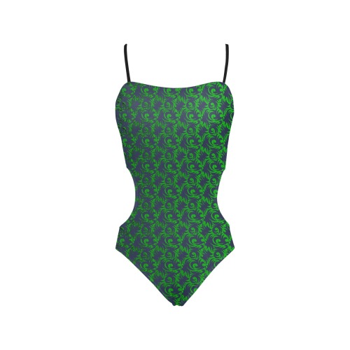 green swirl blu Spaghetti Strap Cut Out Sides Swimsuit (Model S28)