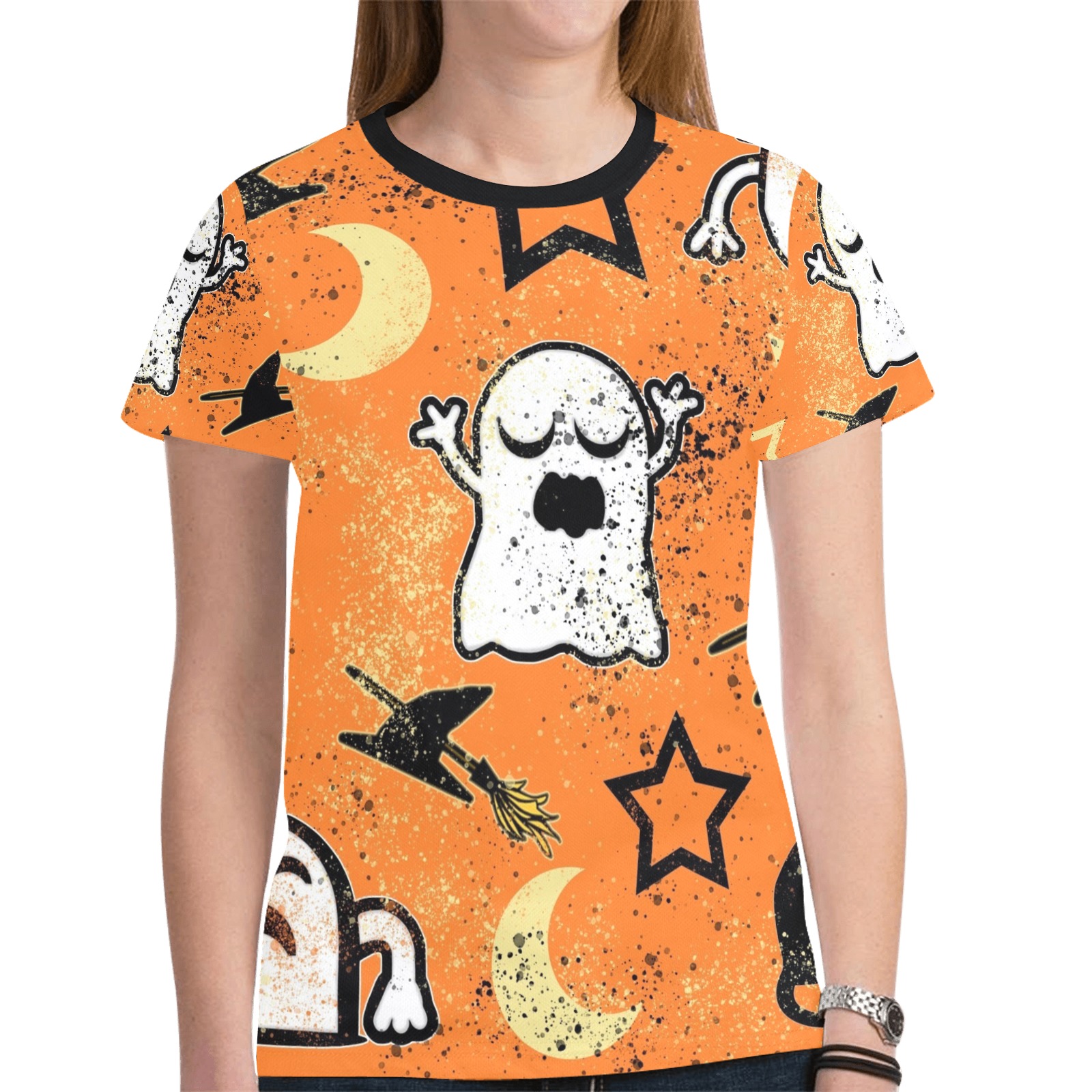 Painted Ghosts and Cats New All Over Print T-shirt for Women (Model T45)