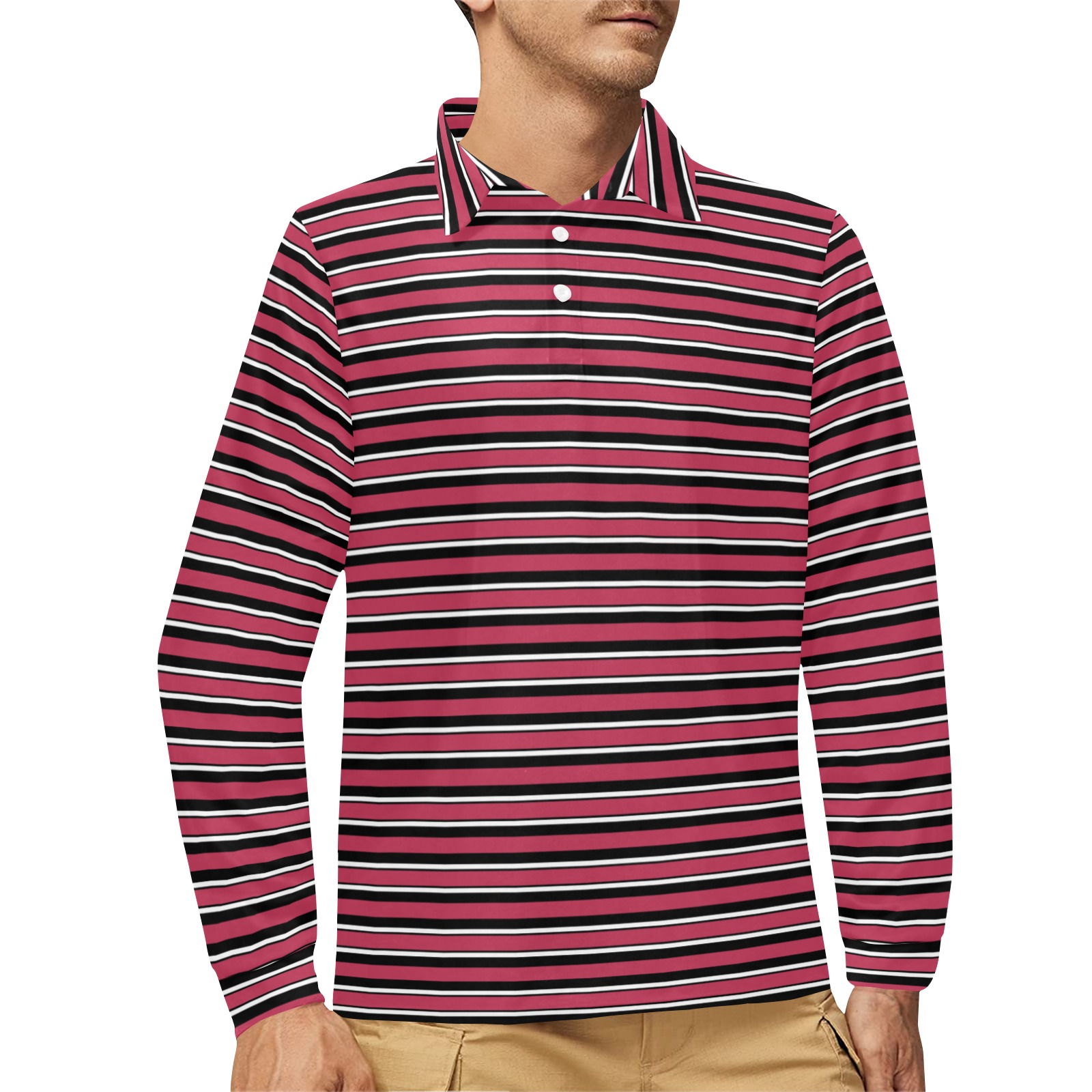 Magenta, Black and White Stripes Men's Long Sleeve Polo Shirt (Model T73)