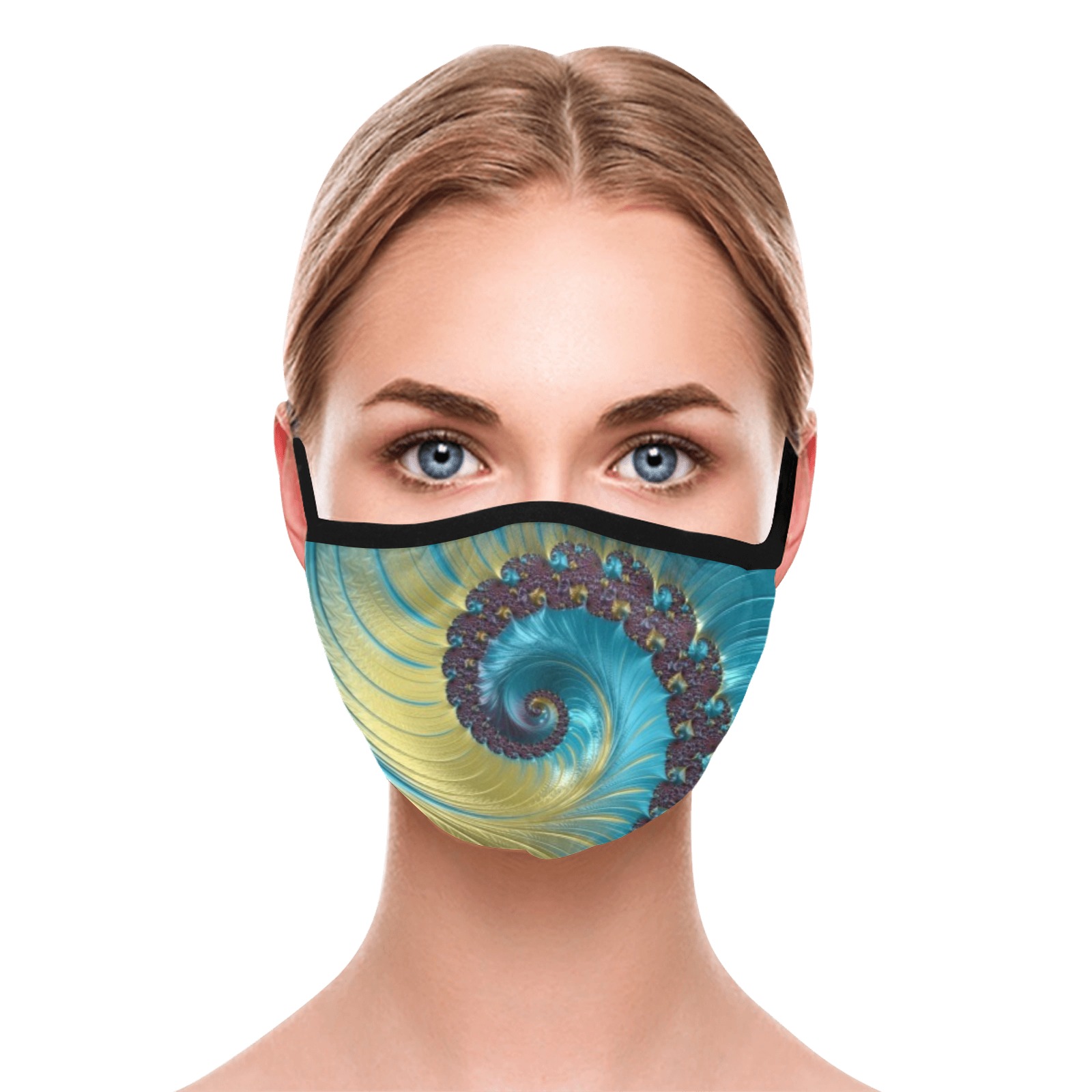 Turquoise and Gold Spiral Fractal Abstract Elastic Binding Mouth Mask for Adults (Model M09)