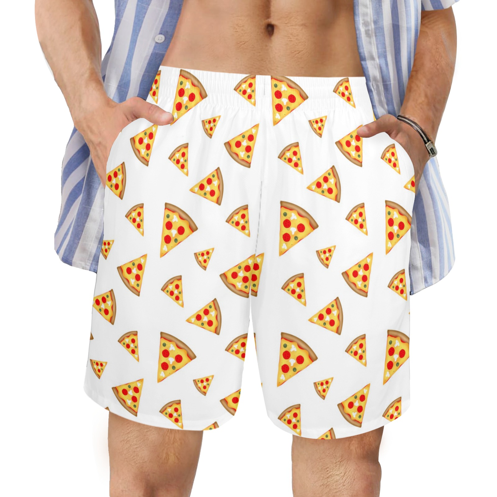 Cool and fun pizza slices pattern on white Men's All Over Print Elastic Beach Shorts (Model L20-2)