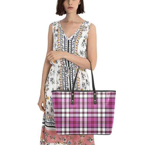 Pink and White Tartan Bag Chic Leather Tote Bag (Model 1709)