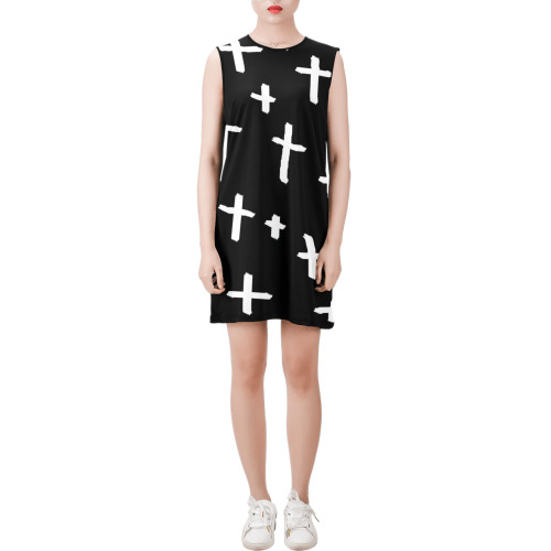 white cross Sleeveless Round Neck Shift Dress (Model D51)