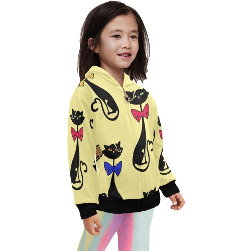 Black Cat with Bow Ties / Yellow Little Girls' Zip Up Hoodie (Model H58)