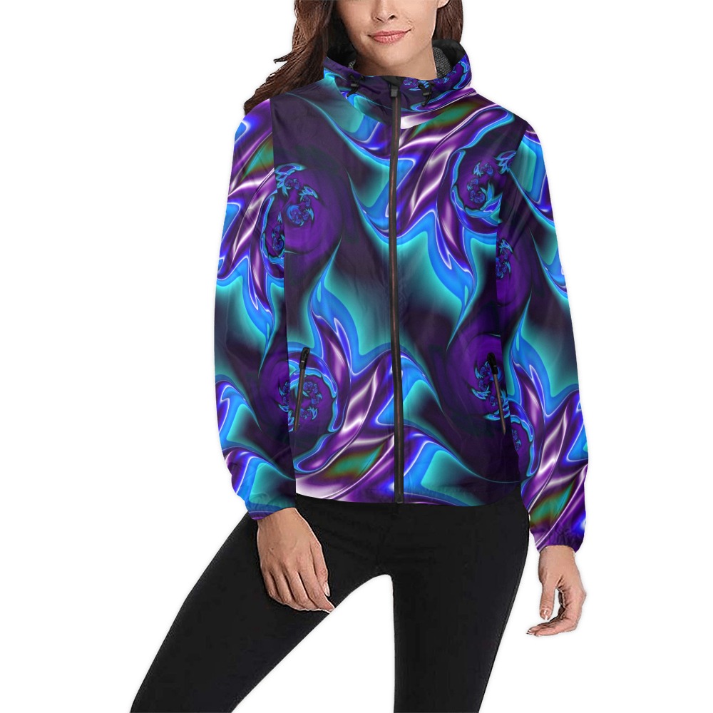 Aqua Blue and Purple Flowers Fractal Abstract Unisex All Over Print Windbreaker (Model H23)