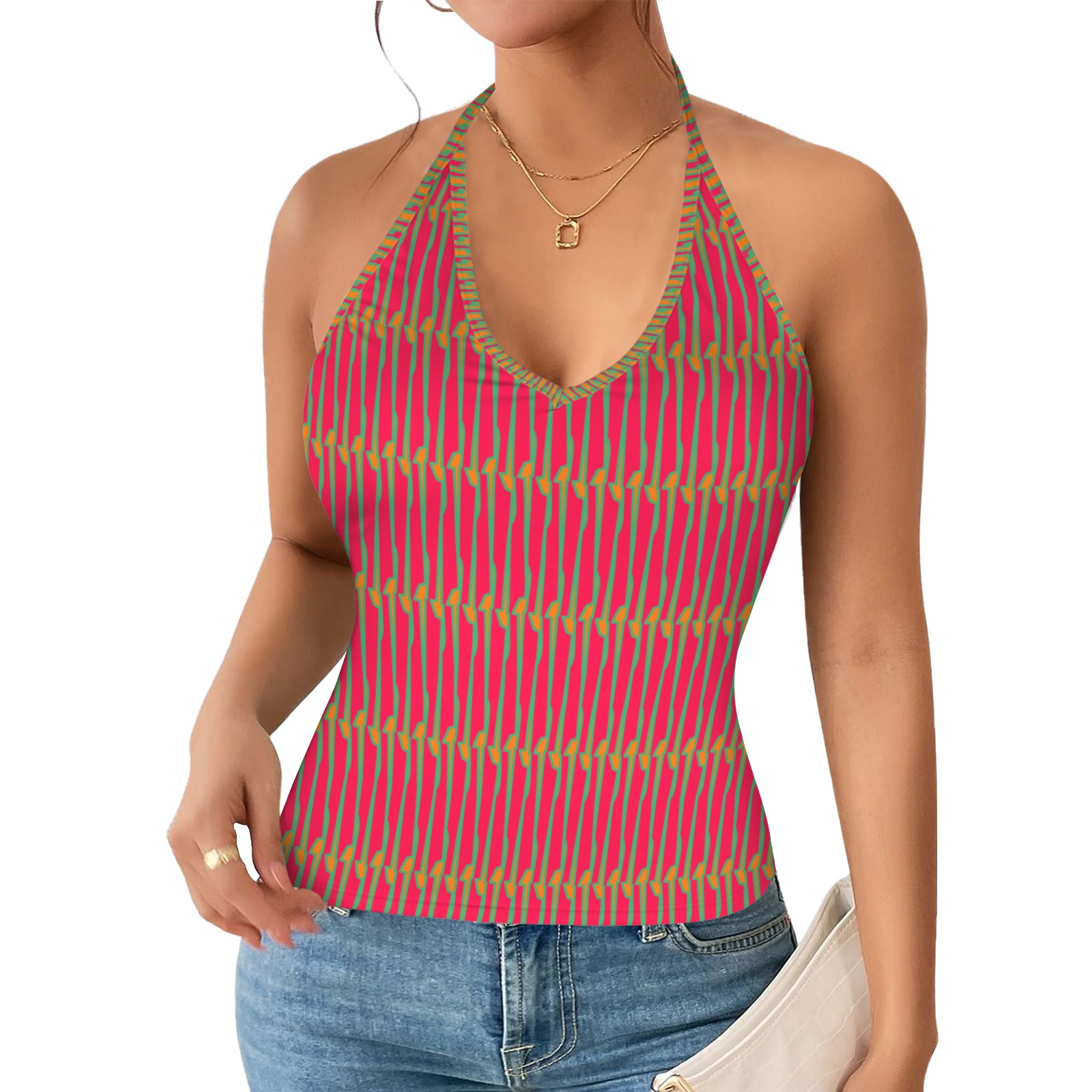 Boho ornamental pink Women's V-Neck Halter Top (Model T83)