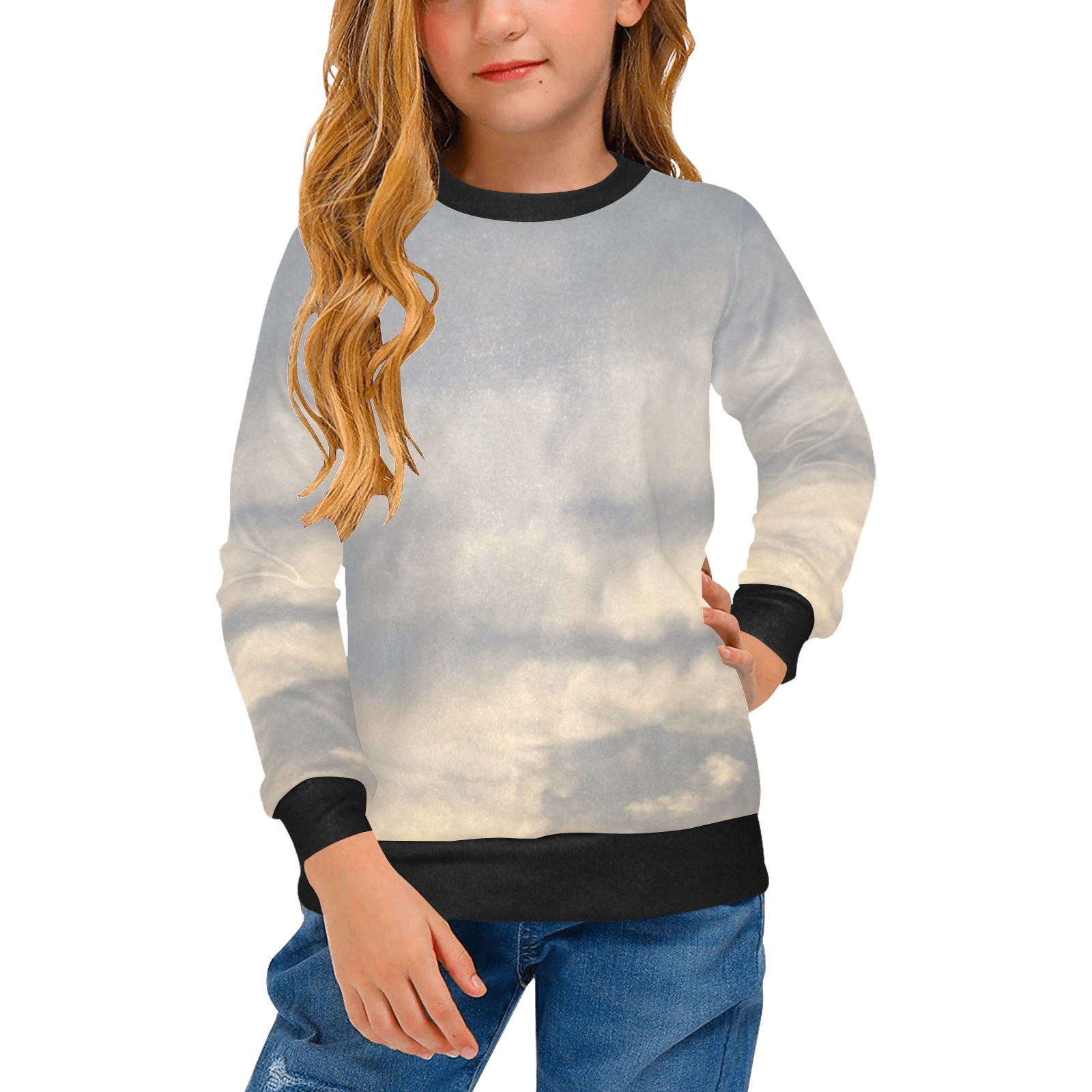 Rippled Cloud Collection Girls' All Over Print Crew Neck Sweater (Model H49)